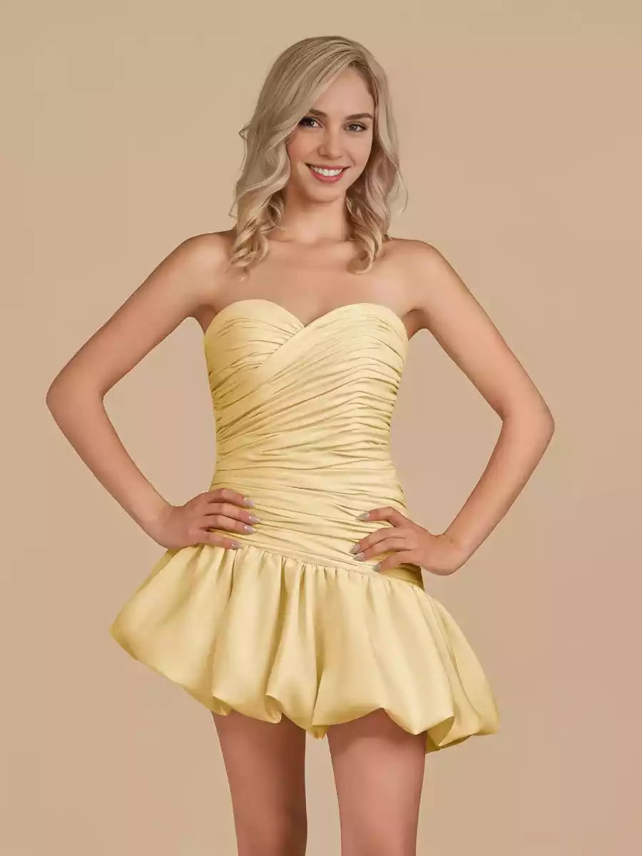 Elegant off shoulder collar satin A-line silhouette pleated sleeveless zipper back Homecoming Dresses